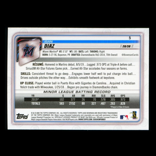 Isan Diaz RC 2020 Bowman Rookie Marlins