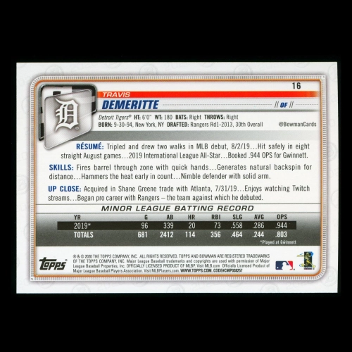 Travis Demeritte RC 2020 Bowman Rookie Tigers