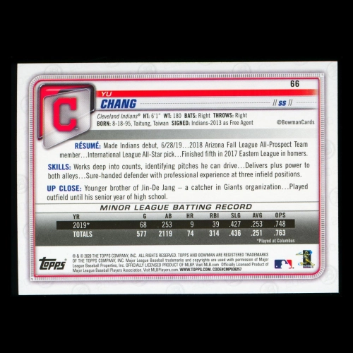 Yu Chang RC 2020 Bowman Rookie Indians