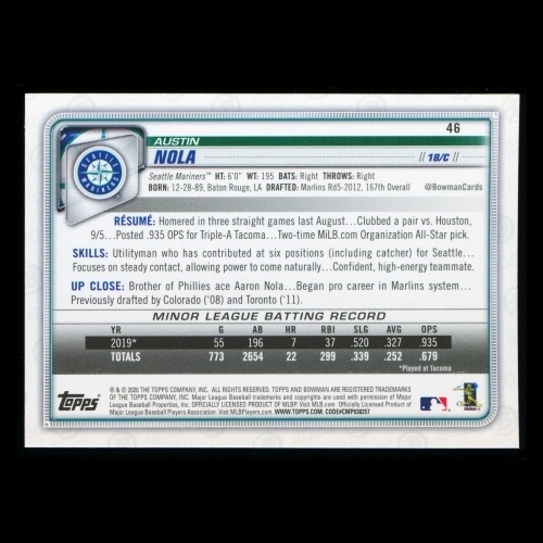 Austin Nola RC 2020 Bowman Rookie Mariners