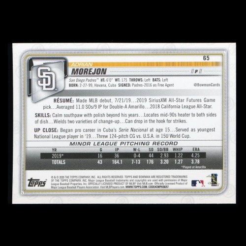 Adrian Morejon RC 2020 Bowman Rookie Padres