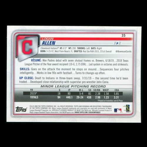 Logan Allen RC 2020 Bowman Rookie Indians