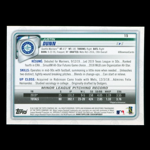 Justin Dunn RC 2020 Bowman Rookie Mariners