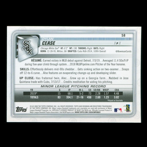 Dylan Cease RC 2020 Bowman Rookie White Sox