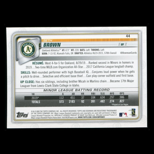 Seth Brown RC 2020 Bowman Rookie Athletics