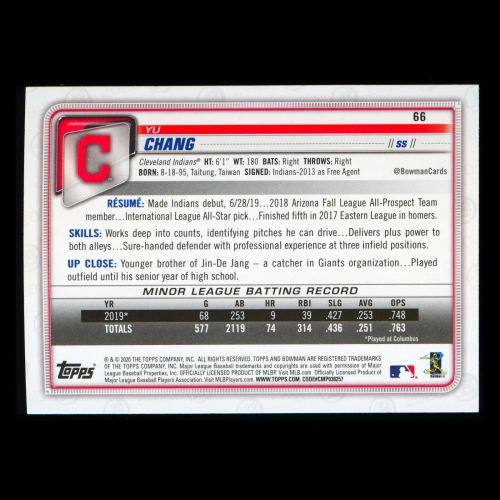 Yu Chang RC 2020 Bowman Rookie Indians