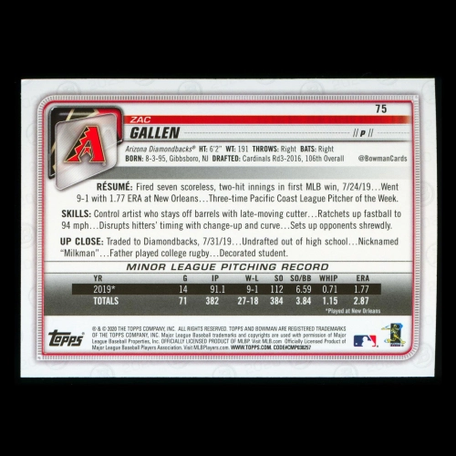 Zac Gallen RC 2020 Bowman Rookie Diamondbacks