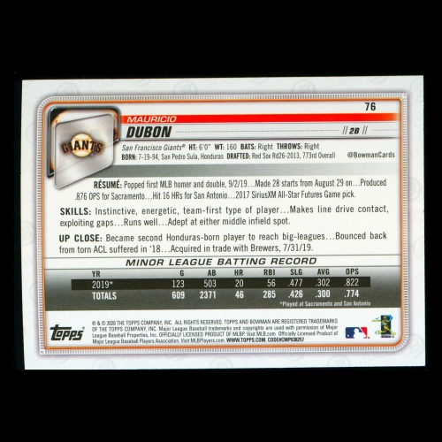 Mauricio Dubon RC 2020 Bowman Rookie Giants