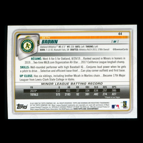 Seth Brown RC 2020 Bowman Rookie Athletics