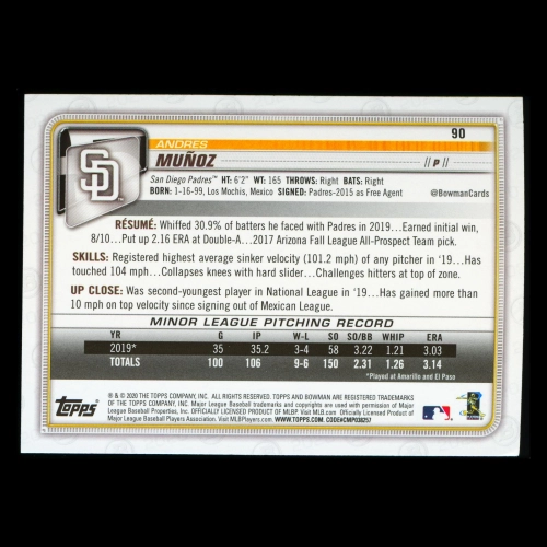 Andres Munoz RC 2020 Bowman Rookie Padres