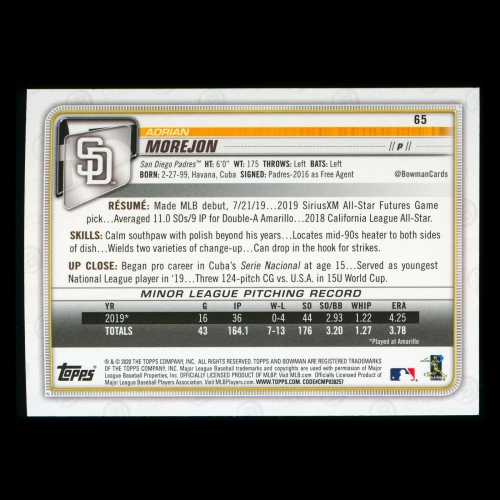 Adrian Morejon RC 2020 Bowman Rookie Padres
