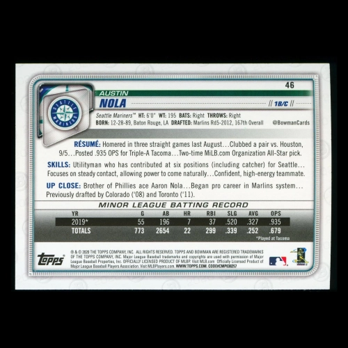 Austin Nola RC 2020 Bowman Rookie Mariners