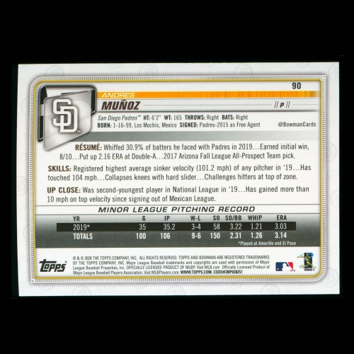 Andres Munoz RC 2020 Bowman Rookie Padres