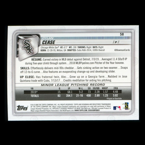 Dylan Cease RC 2020 Bowman Rookie White Sox
