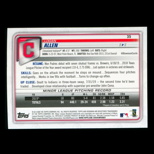 Logan Allen RC 2020 Bowman Rookie Indians