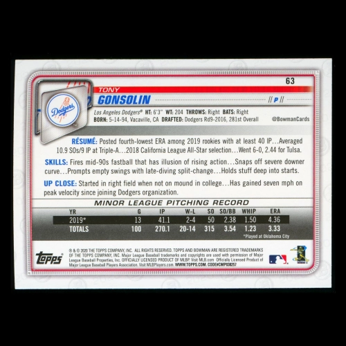 Tony Gonsolin RC 2020 Bowman Rookie Dodgers