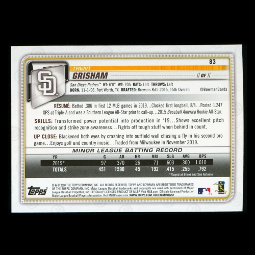 Trent Grisham RC 2020 Bowman Rookie Padres