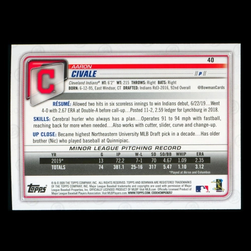 Aaron Civale RC 2020 Bowman Rookie Indians