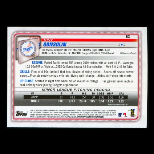 Tony Gonsolin RC 2020 Bowman Rookie Dodgers