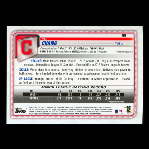 Yu Chang RC 2020 Bowman Rookie Indians