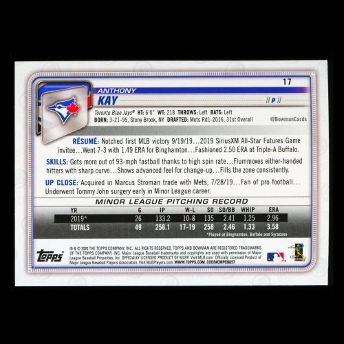 Anthony Kay RC 2020 Bowman Rookie Blue Jays