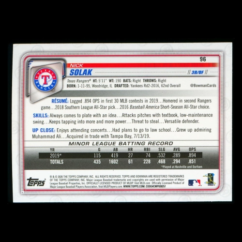 Nick Solak RC 2020 Bowman Rookie Rangers