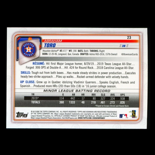 Abraham Toro RC 2020 Bowman Rookie Astros