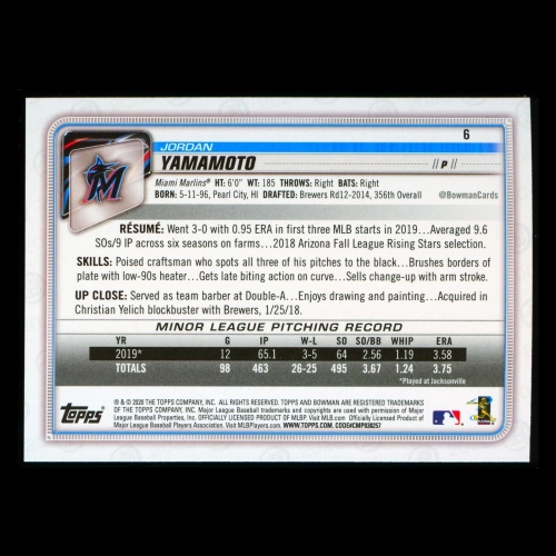 Jordan Yamamoto RC 2020 Bowman Rookie Marlins