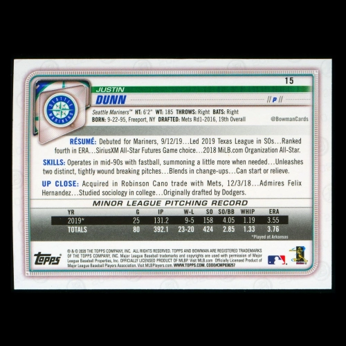 Justin Dunn RC 2020 Bowman Rookie Mariners