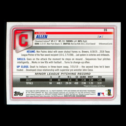 Logan Allen RC 2020 Bowman Rookie Indians