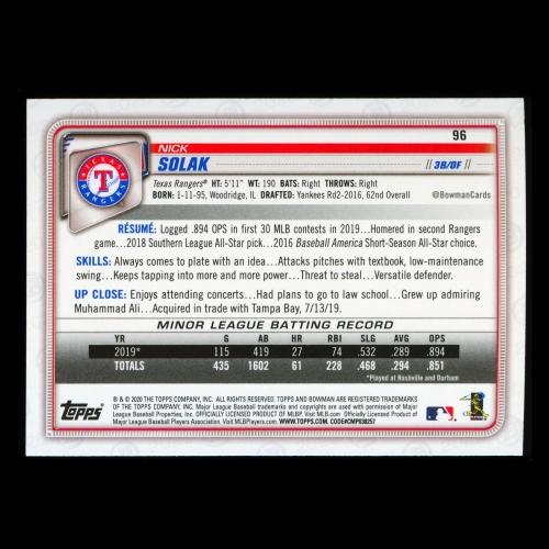 Nick Solak RC 2020 Bowman Rookie Rangers