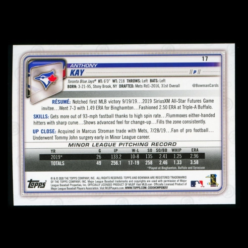 Anthony Kay RC 2020 Bowman Rookie Blue Jays