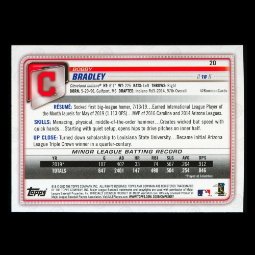 Bobby Bradley RC 2020 Bowman Rookie Indians