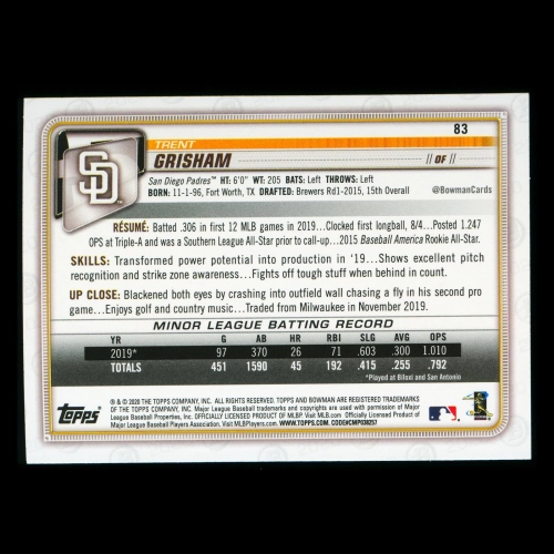 Trent Grisham RC 2020 Bowman Rookie Padres