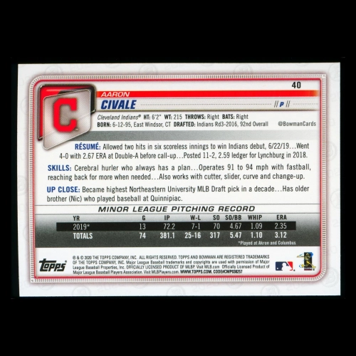 Aaron Civale RC 2020 Bowman Rookie Indians