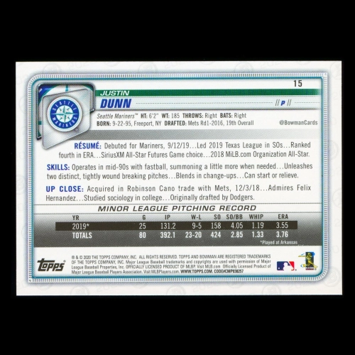 Justin Dunn RC 2020 Bowman Rookie Mariners