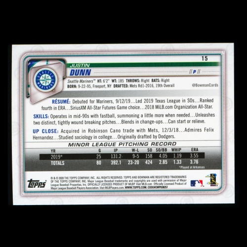 Justin Dunn RC 2020 Bowman Rookie Mariners