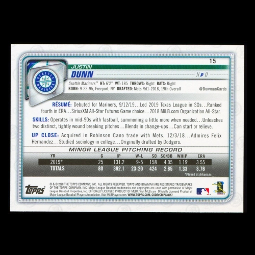 Justin Dunn RC 2020 Bowman Rookie Mariners