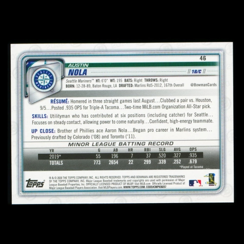 Austin Nola RC 2020 Bowman Rookie Mariners