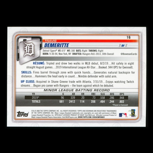 Travis Demeritte RC 2020 Bowman Rookie Tigers