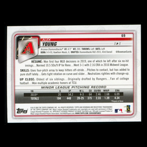 Alex Young RC 2020 Bowman Rookie Diamondbacks