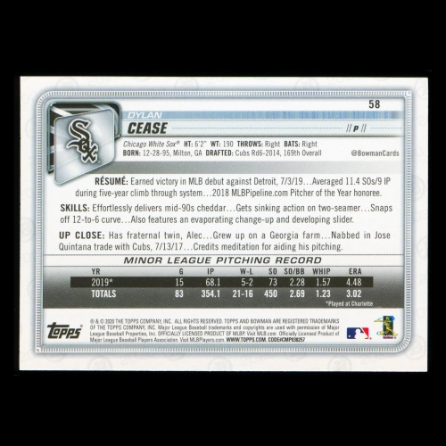 Dylan Cease RC 2020 Bowman Rookie White Sox