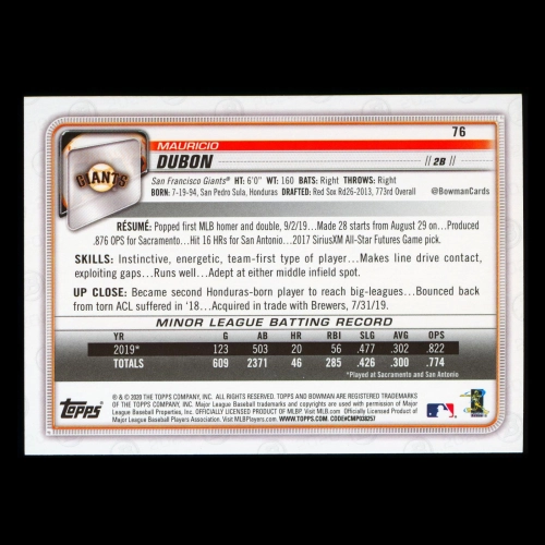 Mauricio Dubon RC 2020 Bowman Rookie Giants