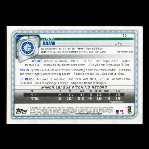 Justin Dunn RC 2020 Bowman Rookie Mariners