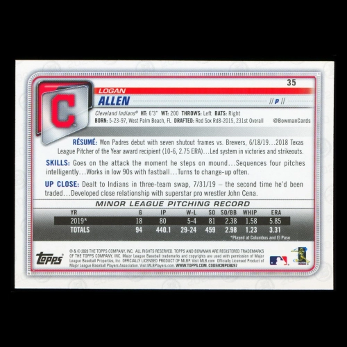 Logan Allen RC 2020 Bowman Rookie Indians