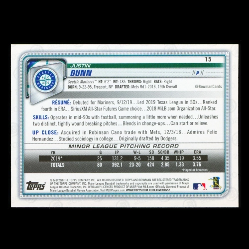 Justin Dunn RC 2020 Bowman Rookie Mariners