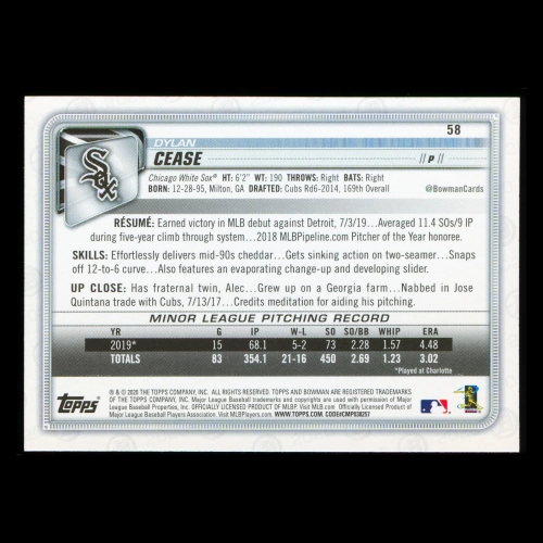 Dylan Cease RC 2020 Bowman Rookie White Sox