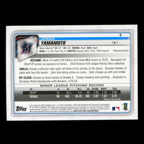 Jordan Yamamoto RC 2020 Bowman Rookie Marlins