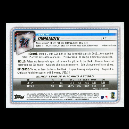 Jordan Yamamoto RC 2020 Bowman Rookie Marlins