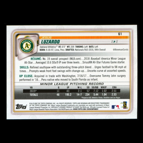 Jesus Luzardo RC 2020 Bowman Rookie Athletics